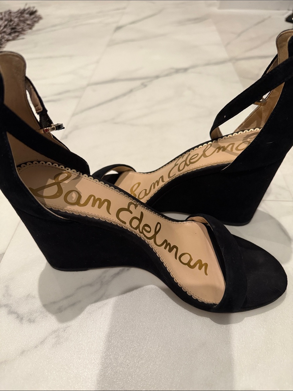 Sam Edelman Black Suede Ankle-Strap Wedges